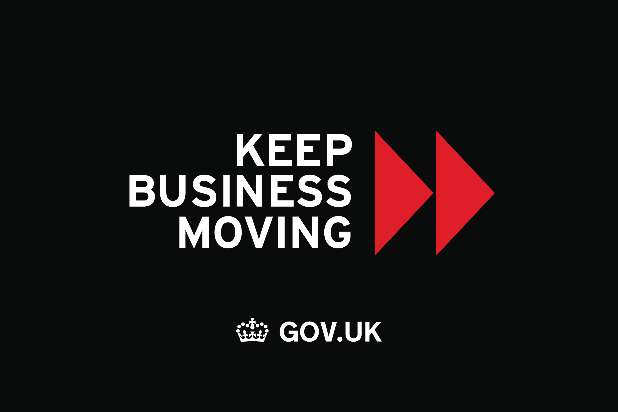 Na czarnym tle umieszczono napis Keep business moving wraz z dwiema czewronymi strzałkami