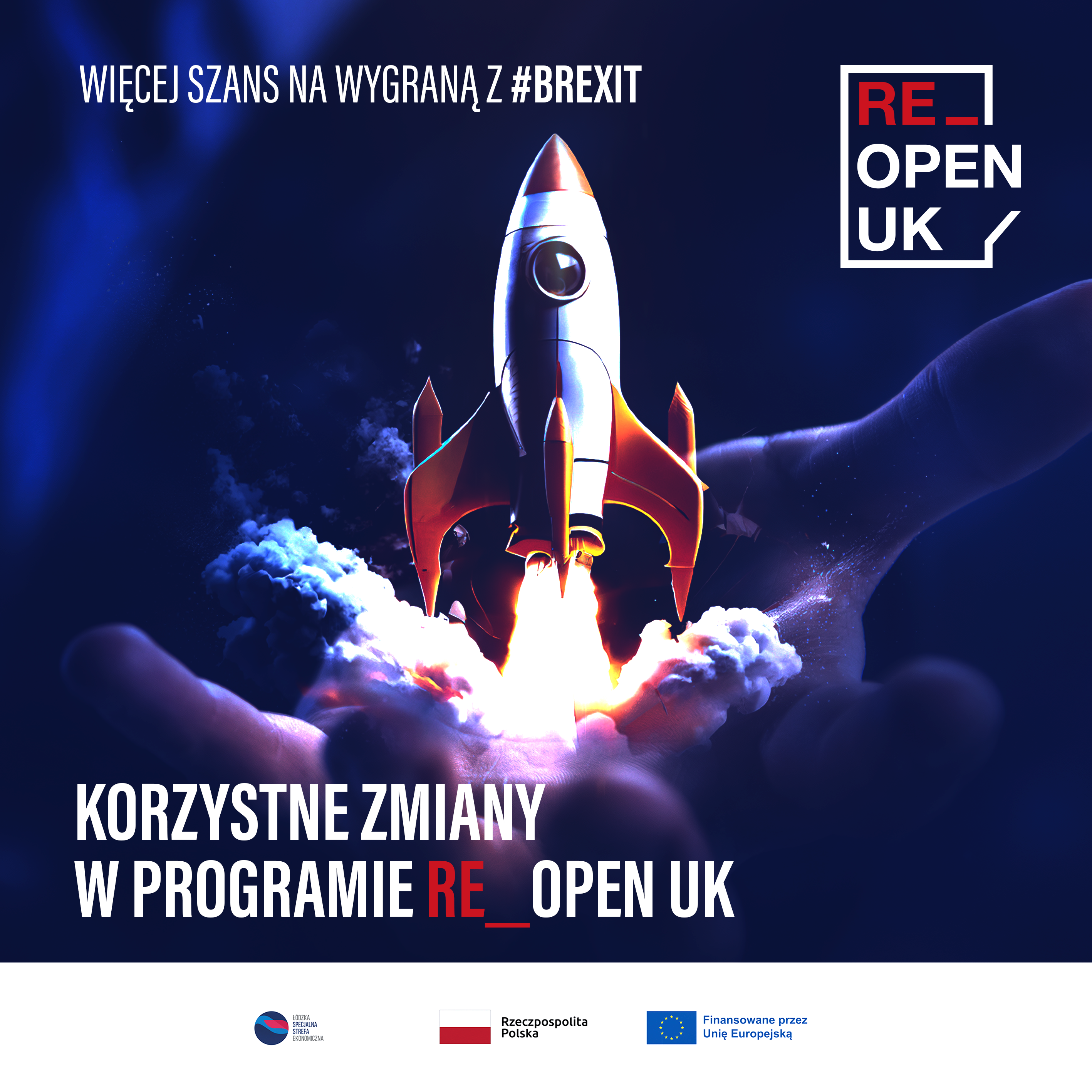 rakieta startująca w kosmos i hasło o zmianach w programie re_open UK